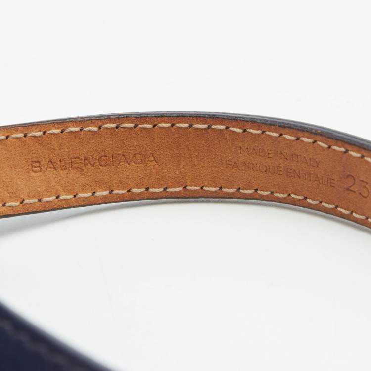 Pre Owned Balenciaga Navy Blue Leather Silver Tone Triple Tour Bracelet