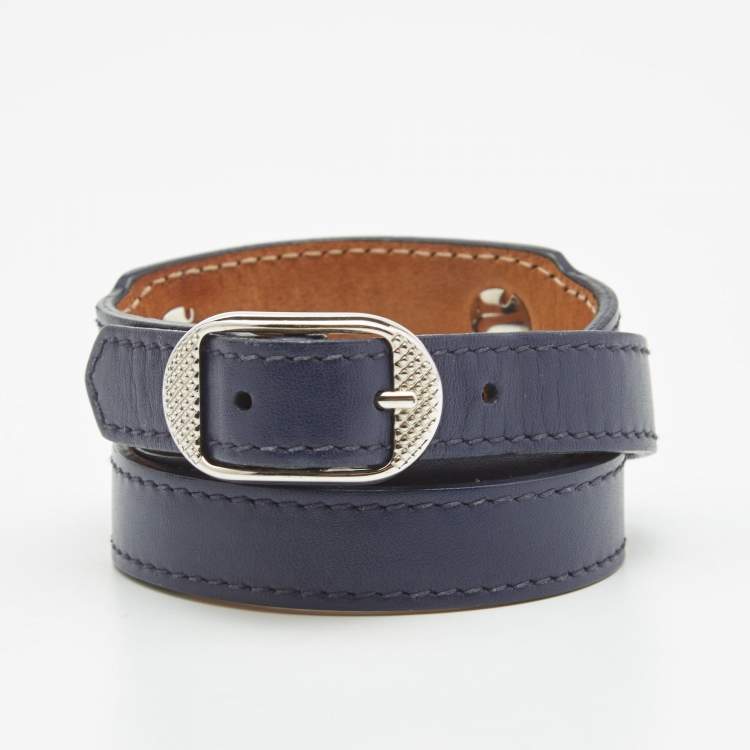 Pre Owned Balenciaga Navy Blue Leather Silver Tone Triple Tour Bracelet