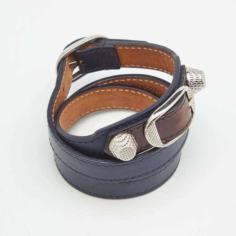 Pre Owned Balenciaga Navy Blue Leather Silver Tone Triple Tour Bracelet