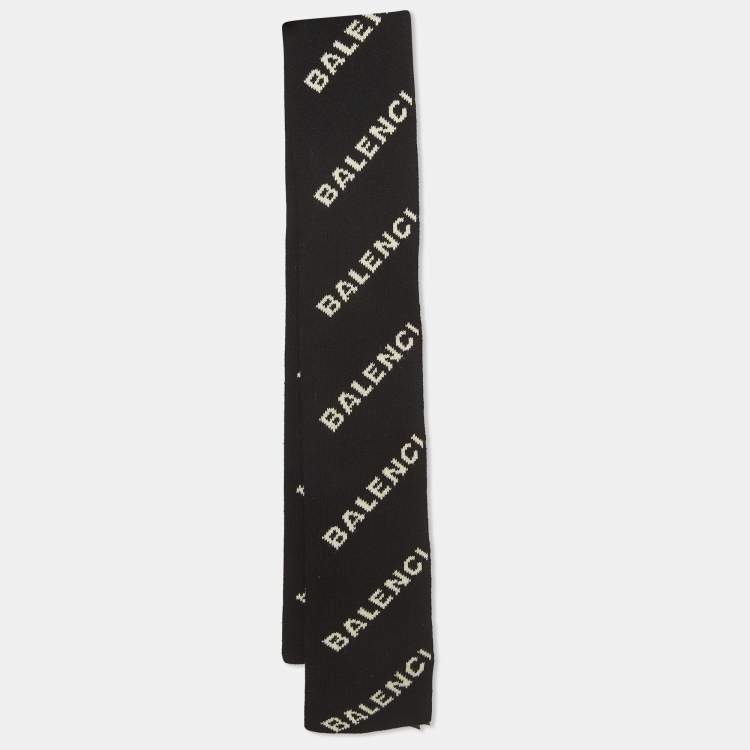 Pre Owned Balenciaga Black/White Logo Intarsia Wool and Camel Knit Muffler 