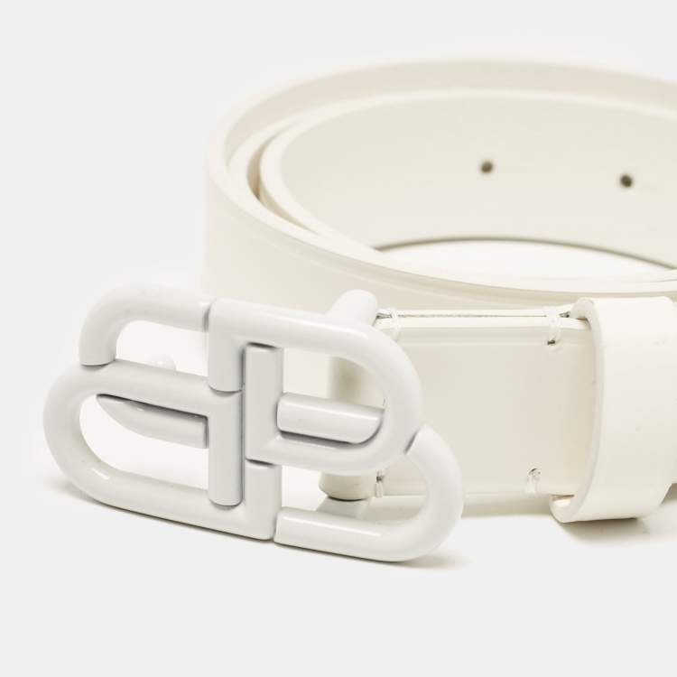 Pre Owned Balenciaga White Leather BB Buckle Belt 75 CM