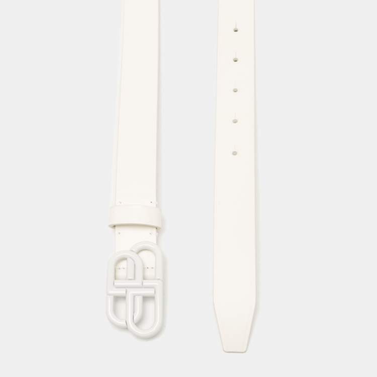 Pre Owned Balenciaga White Leather BB Buckle Belt 75 CM