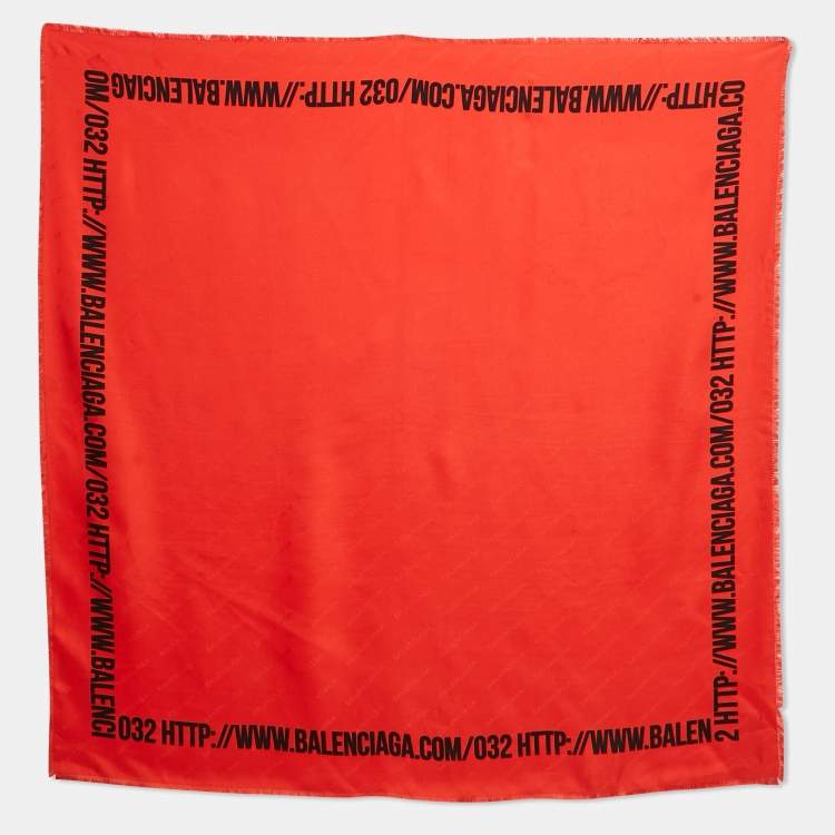 Pre Owned Balenciaga Red Logo Silk Square Scarf 