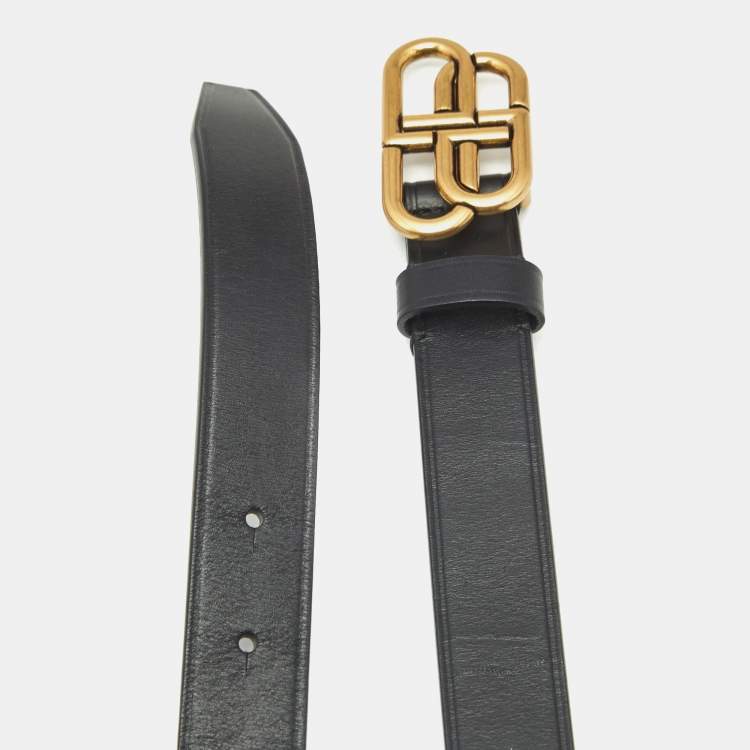 Pre Owned Balenciaga Black leather BB Logo Slim Belt 85CM