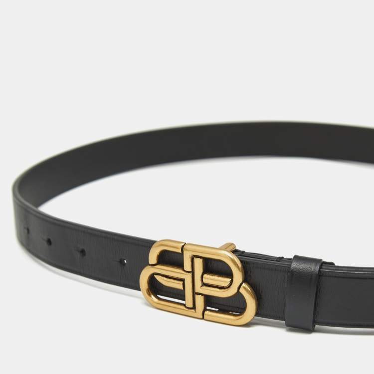 Pre Owned Balenciaga Black leather BB Logo Slim Belt 85CM