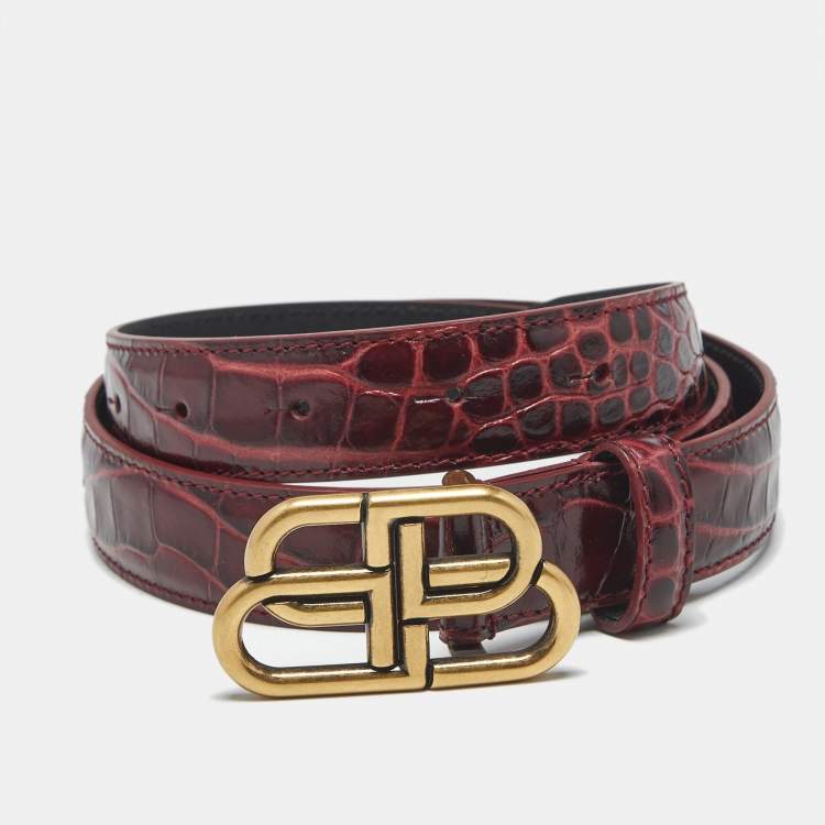 Pre Owned Balenciaga Burgundy Croc Embossed Leather BB Buckle Belt 75CM