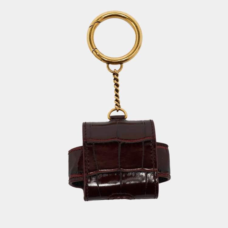 Pre Owned Balenciaga Burgundy Croc Embossed Leather Cash AirPod Pro Holder