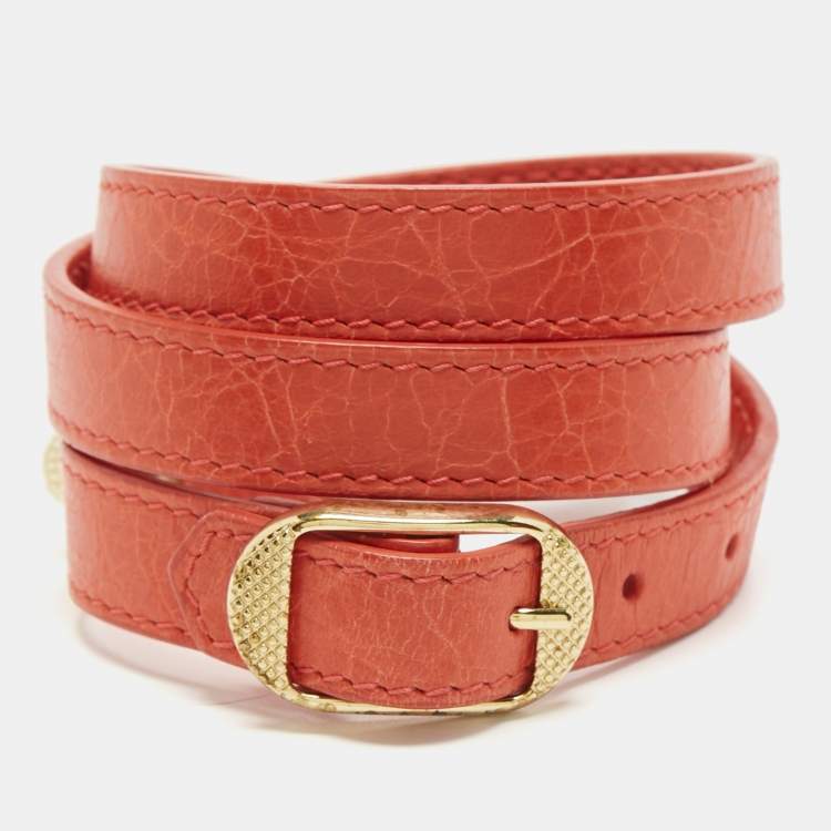 Pre Owned Balenciaga  Studded Arena Leather Gold Tone Triple Tour Bracelet 