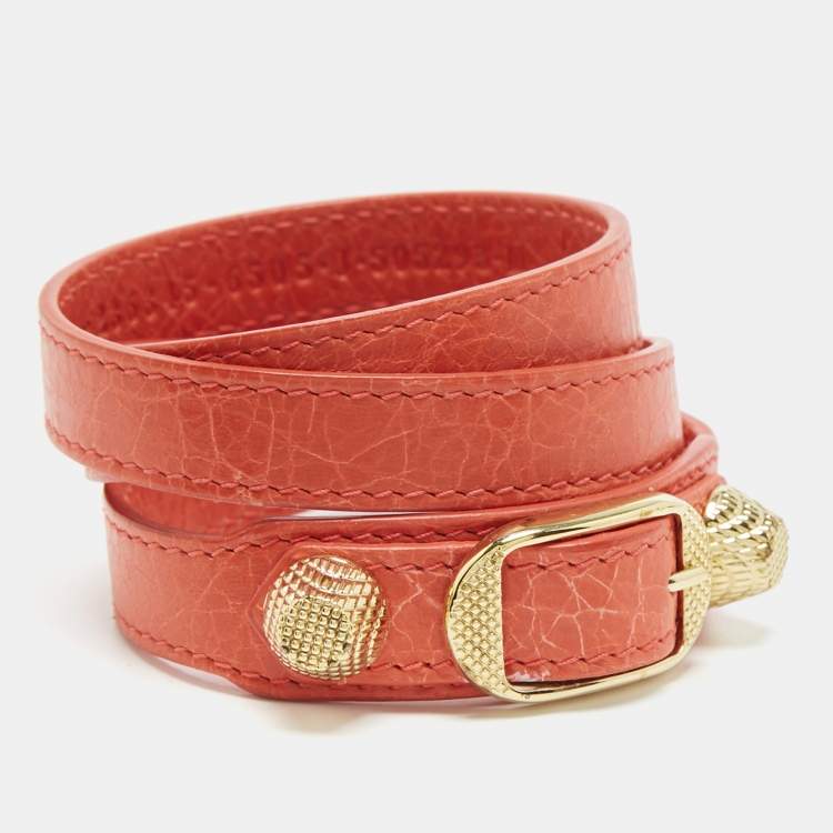 Pre Owned Balenciaga  Studded Arena Leather Gold Tone Triple Tour Bracelet 