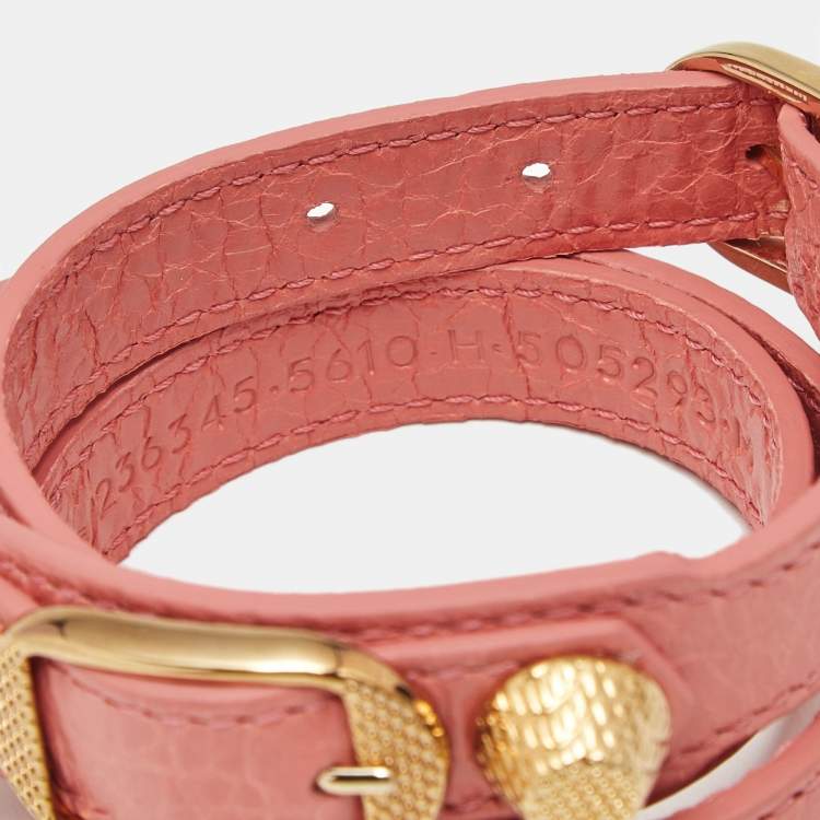 Pre Owned Balenciaga  Studded Arena Leather Gold Tone Triple Tour Bracelet 