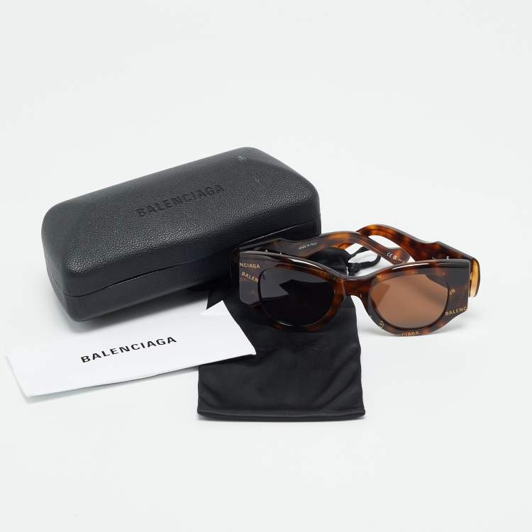 Pre Owned Balenciaga Tortoise Brown BB0070S Logo Cat Eye Sunglasses