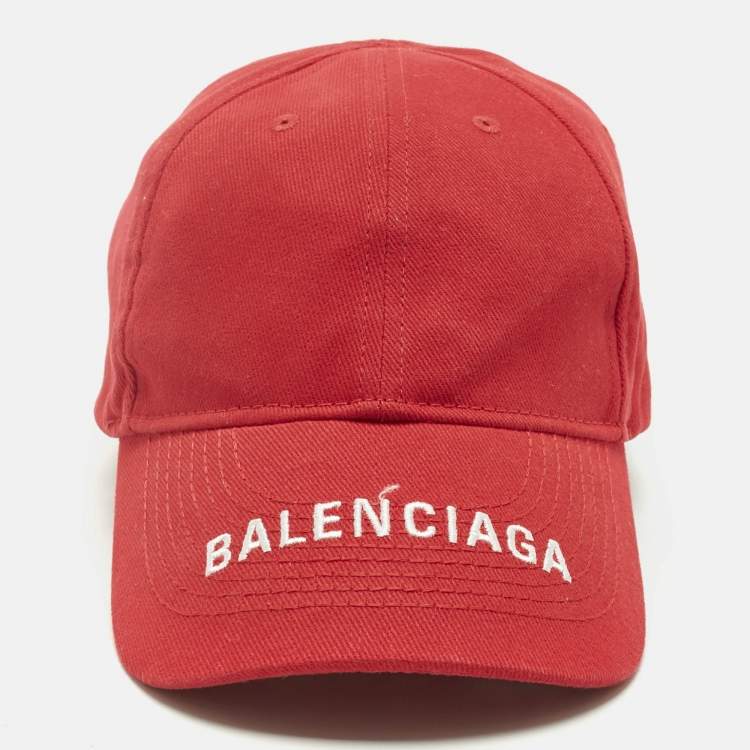 Pre Owned Balenciaga Red Logo Embroidered Cotton Baseball Cap L