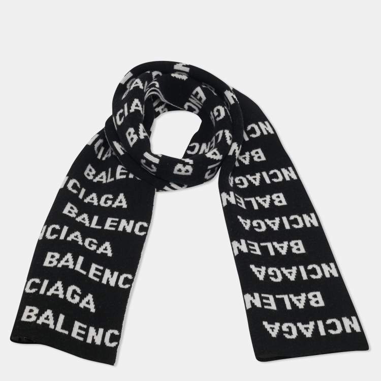 مملوكة مسبقًا Balenciaga Black/White Logo Intarsia Wool Blend Scarf