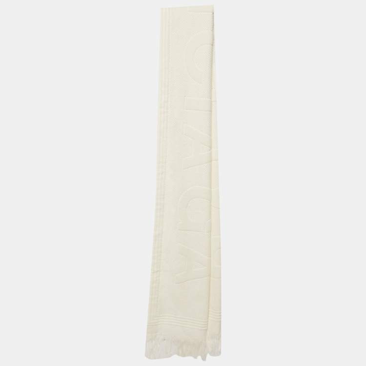 Pre Owned Balenciaga White Logo Terry Cotton Fringed Scarf