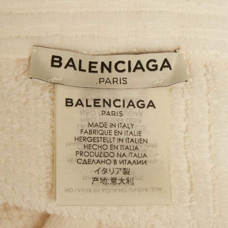 Pre Owned Balenciaga White Logo Terry Cotton Fringed Scarf