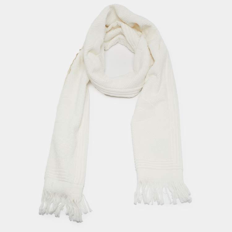Pre Owned Balenciaga White Logo Terry Cotton Fringed Scarf