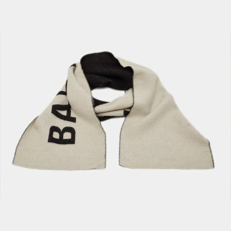 Pre Owned Balenciaga Black Logo Wool Reversible Scarf