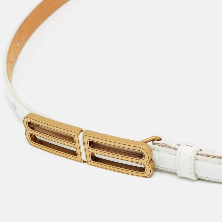 Pre Owned Balenciaga BB Stretch 80 CM Buckle Belt White Croc Embossed Leather