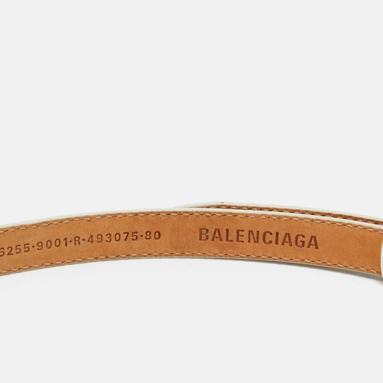 Pre Owned Balenciaga BB Stretch 80 CM Buckle Belt White Croc Embossed Leather