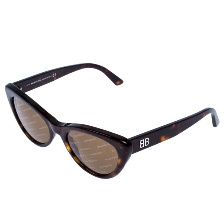 Pre Owned Balenciaga Brown Tortoise BA 143 Logomania Cat Eye Sunglasses