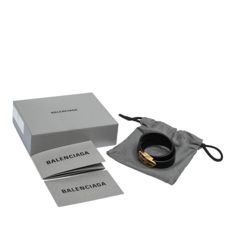 Pre Owned Balenciaga Black Leather BB Double Wrap Bracelet S