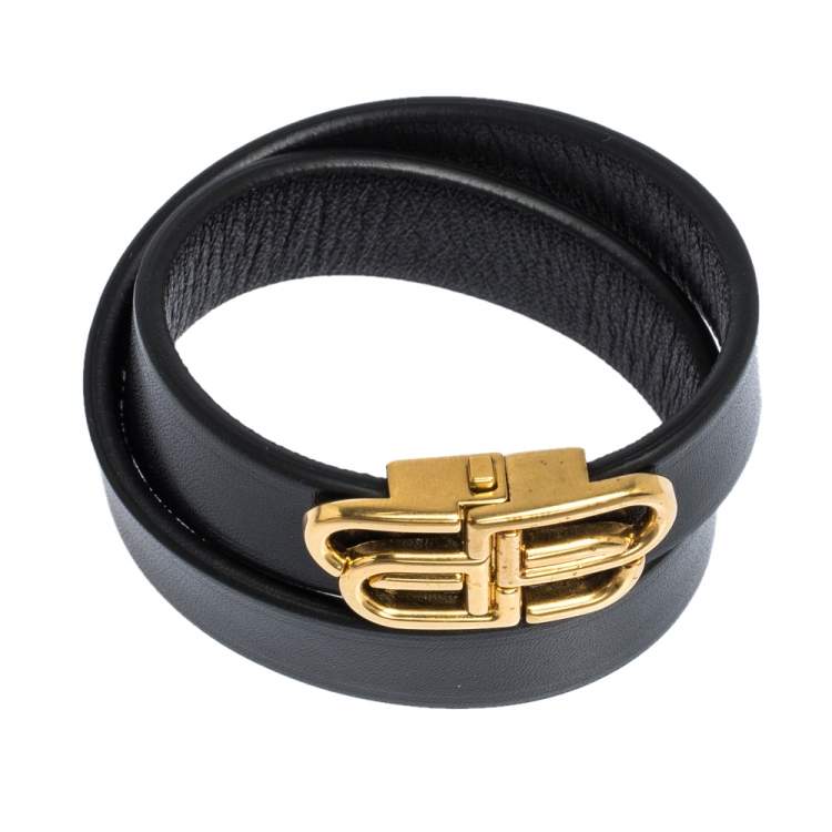 Pre Owned Balenciaga Black Leather BB Double Wrap Bracelet S