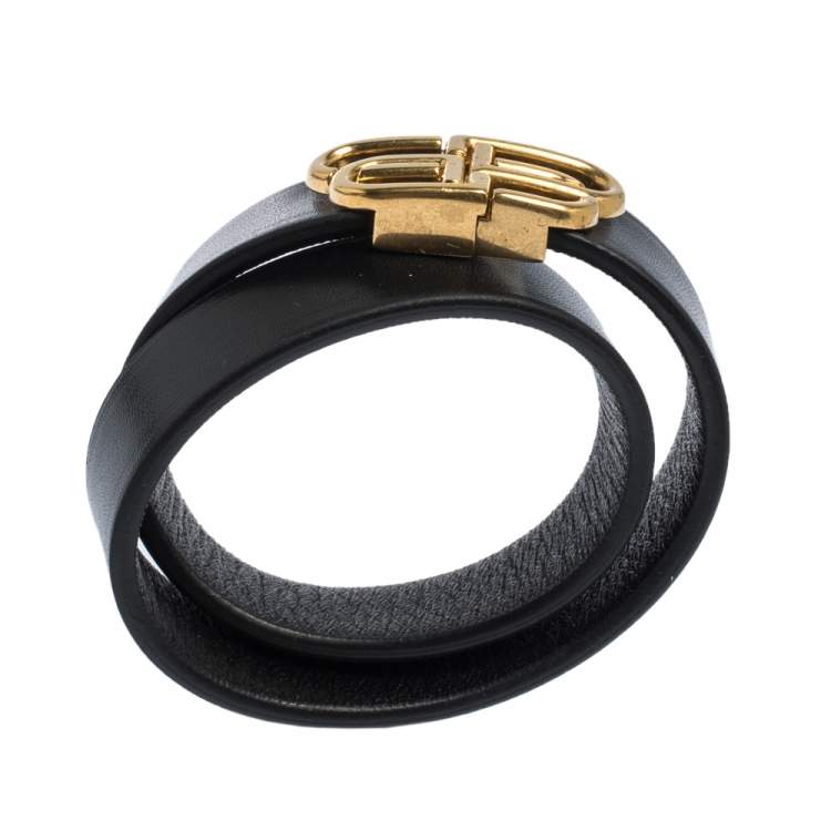 Pre Owned Balenciaga Black Leather BB Double Wrap Bracelet S