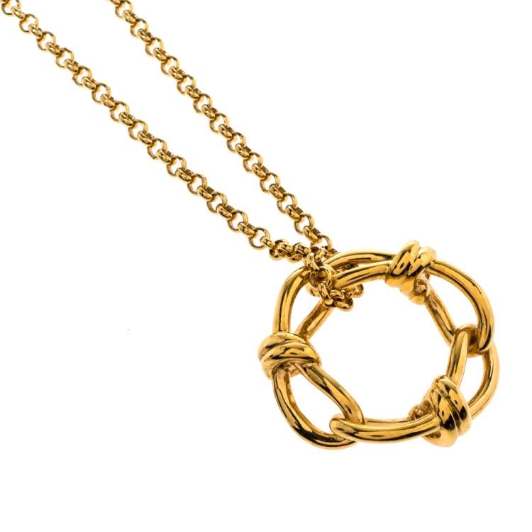 Pre Owned Balenciaga Continuity Bow Round Pendant Gold Tone Necklace