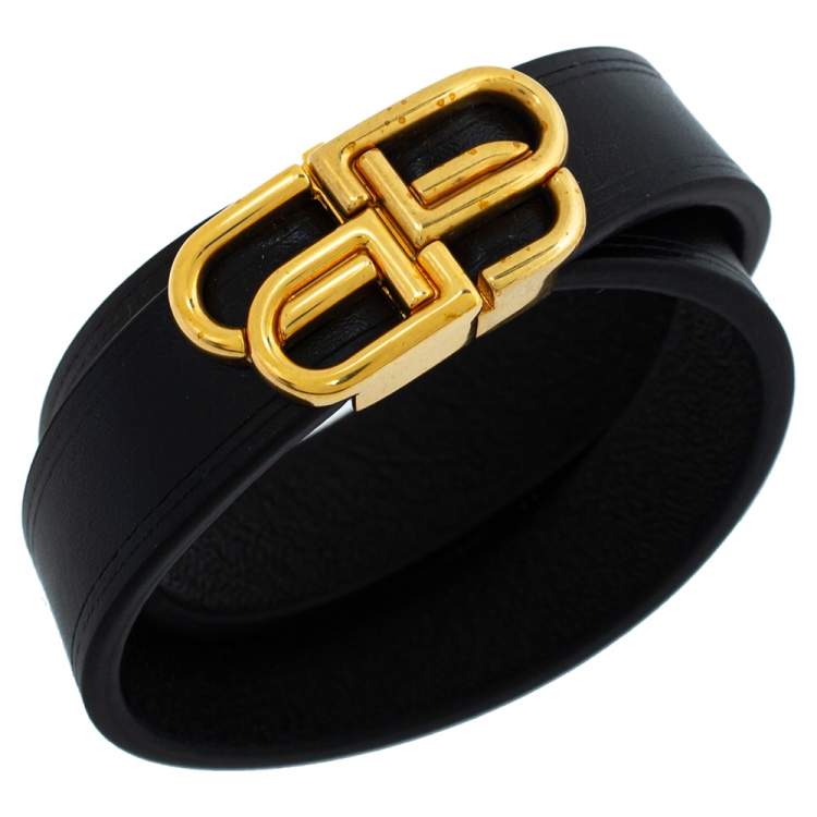 مملوكة مسبقًا Balenciaga Black Leather BB Double Wrap Bracelet M