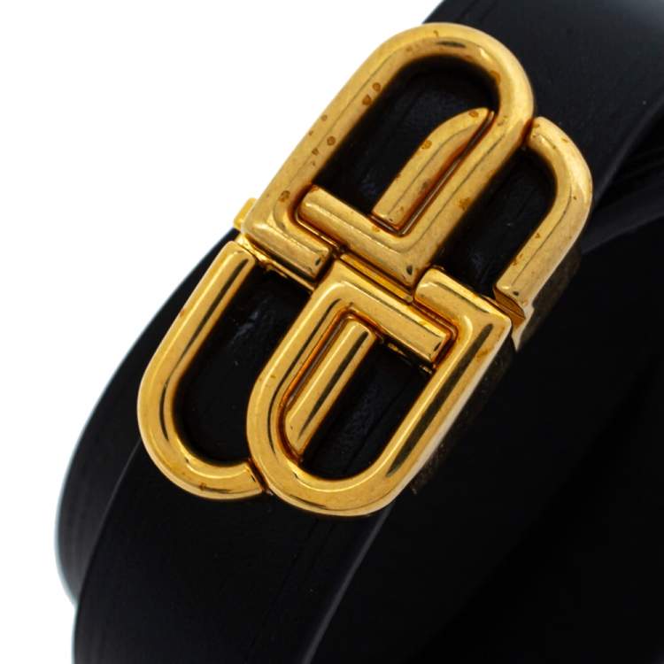 مملوكة مسبقًا Balenciaga Black Leather BB Double Wrap Bracelet M