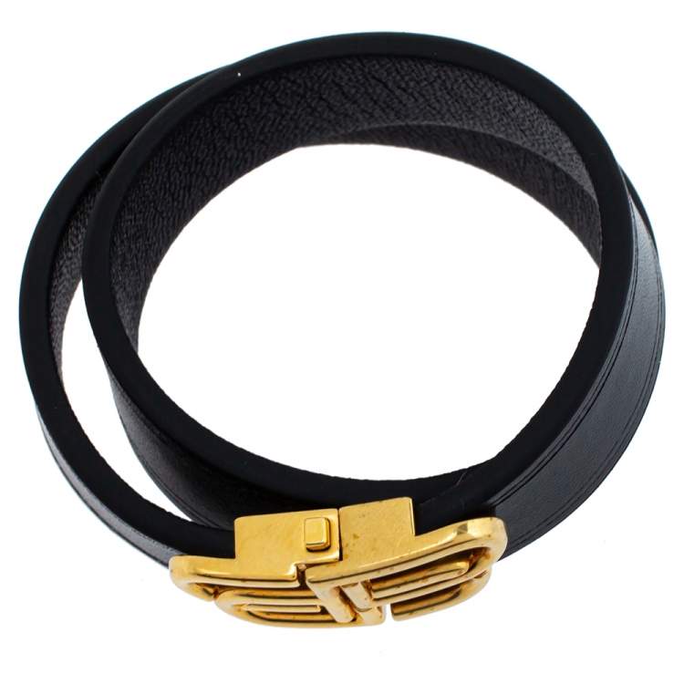 مملوكة مسبقًا Balenciaga Black Leather BB Double Wrap Bracelet M