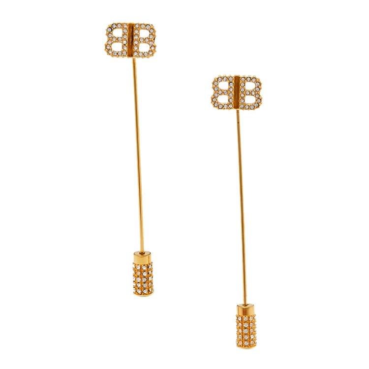 Pre Owned Balenciaga Gold Tone BB Crystal Pin Drop Earrings