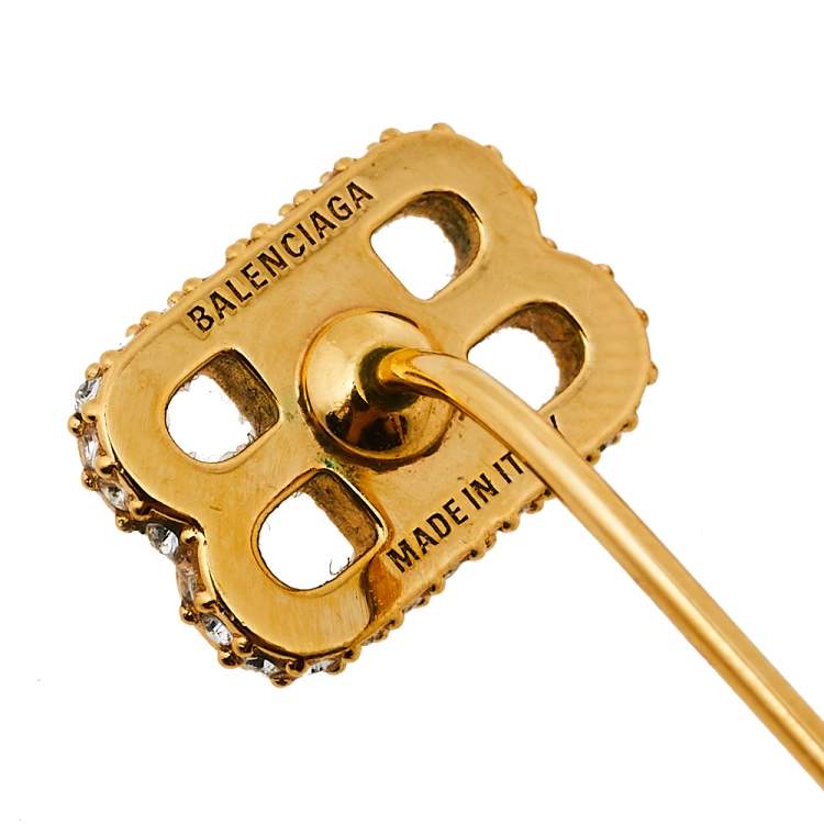 Pre Owned Balenciaga Gold Tone BB Crystal Pin Drop Earrings