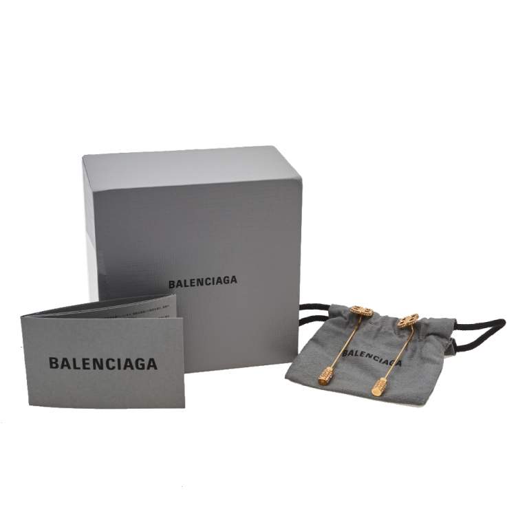 Pre Owned Balenciaga Gold Tone BB Crystal Pin Drop Earrings