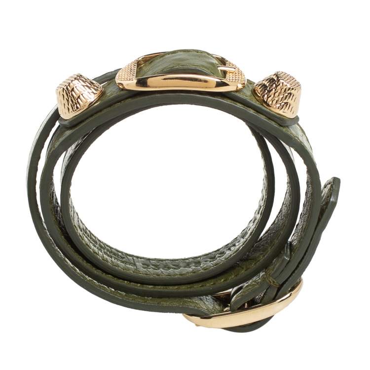Pre Owned Balenciaga Arena Giant Green Leather Triple Tour Bracelet M