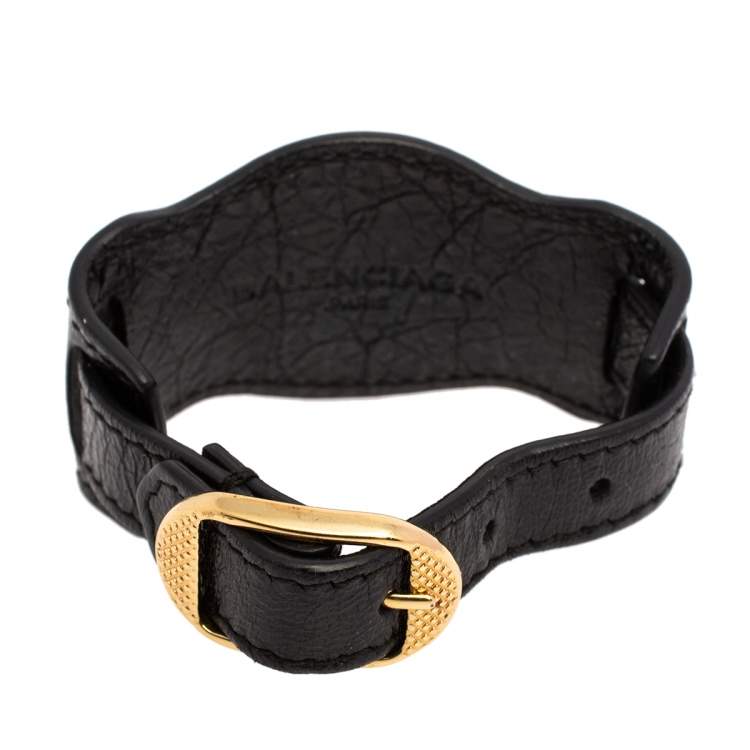 Pre Owned Balenciaga Black Leather Arena Giant Studded Gold Tone Bracelet