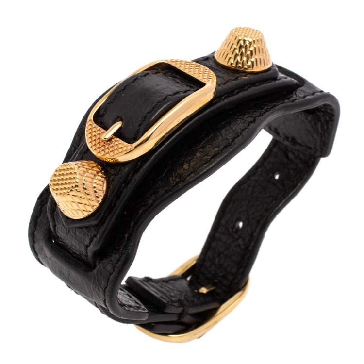 Pre Owned Balenciaga Black Leather Arena Giant Studded Gold Tone Bracelet