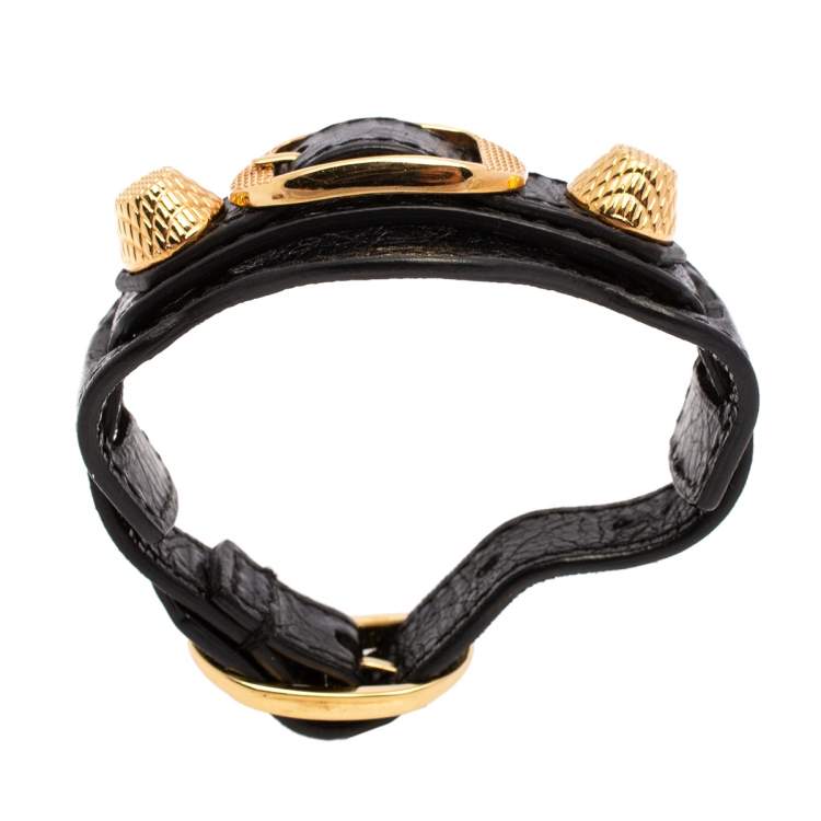 Pre Owned Balenciaga Black Leather Arena Giant Studded Gold Tone Bracelet