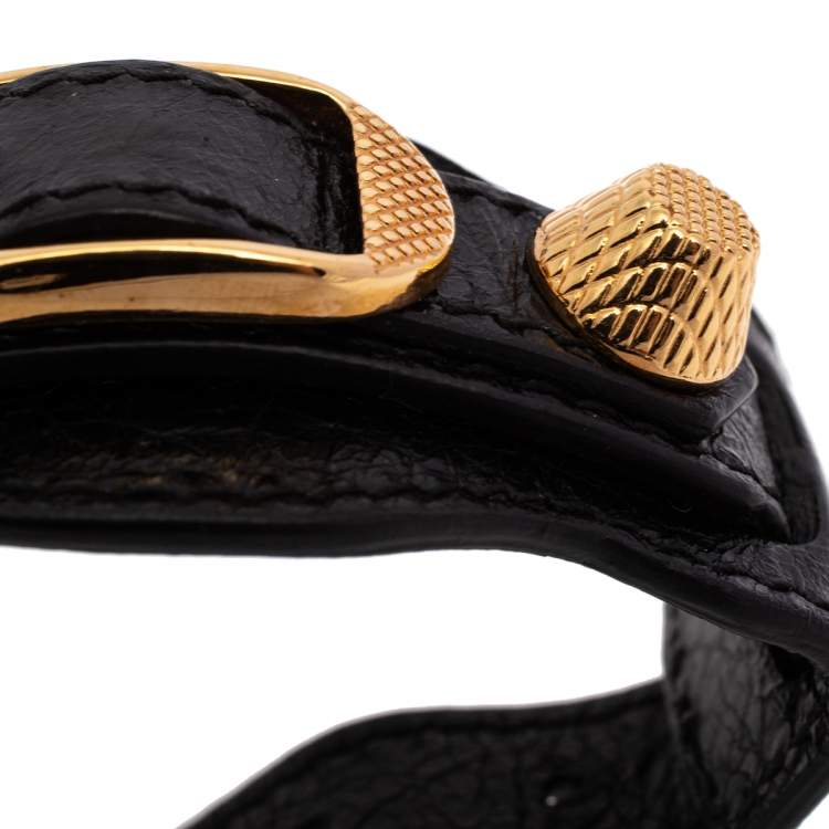 Pre Owned Balenciaga Black Leather Arena Giant Studded Gold Tone Bracelet