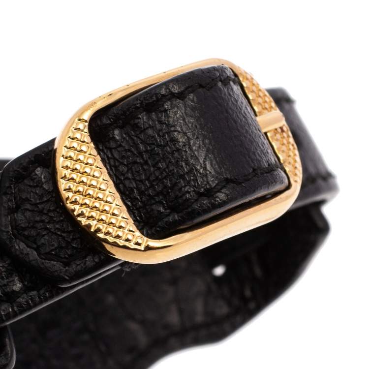 Pre Owned Balenciaga Black Leather Arena Giant Studded Gold Tone Bracelet