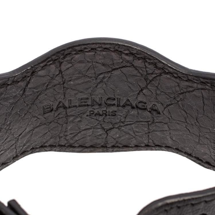 Pre Owned Balenciaga Black Leather Arena Giant Studded Gold Tone Bracelet