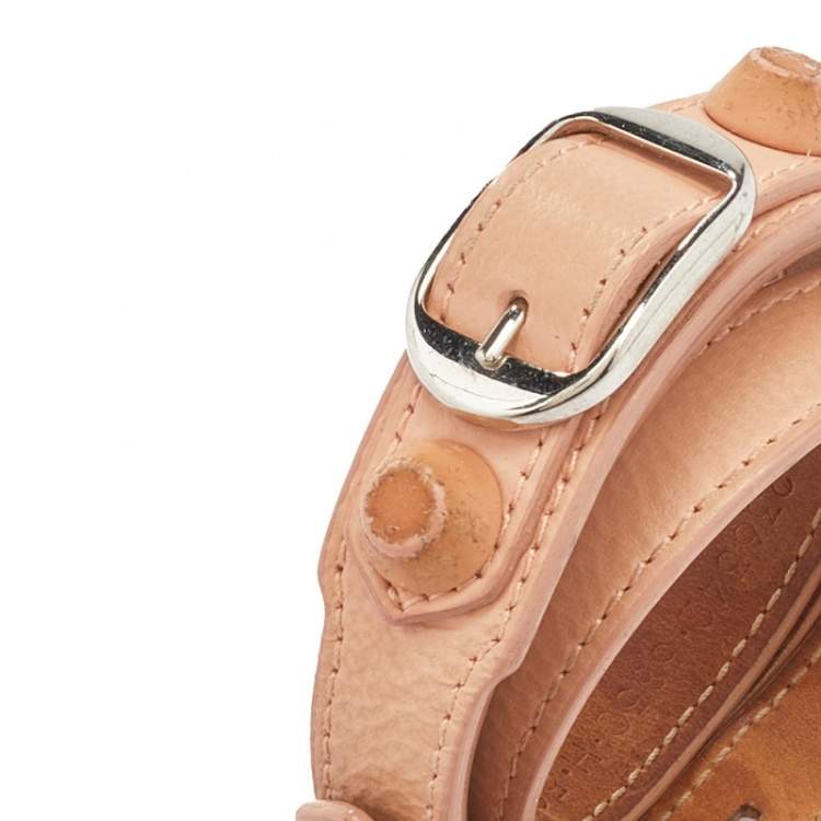 Pre Owned Balenciaga Giant Peach Leather Studded Triple Tour Bracelet M