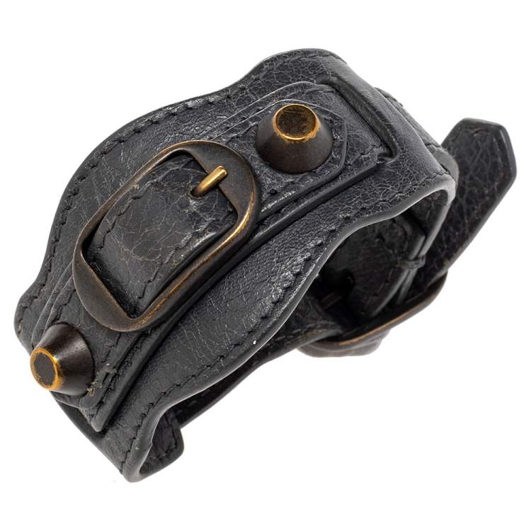 Pre Owned Balenciaga Aged Gold Tone Grey Leather Giant Bracelet