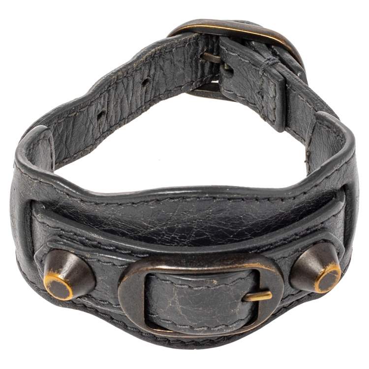 Pre Owned Balenciaga Aged Gold Tone Grey Leather Giant Bracelet