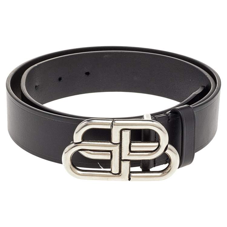Pre Owned Balenciaga Black Leather BB Buckle Belt 85cm