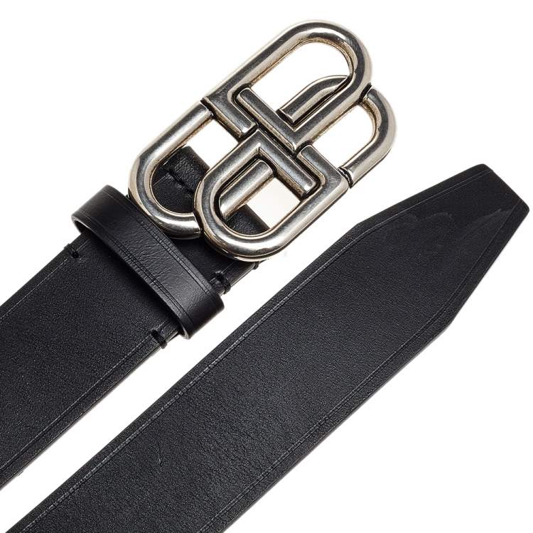 Pre Owned Balenciaga Black Leather BB Buckle Belt 85cm