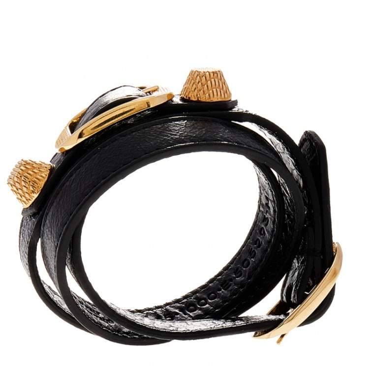 Pre Owned Balenciaga Arena Giant Black Leather Triple Tour Bracelet M