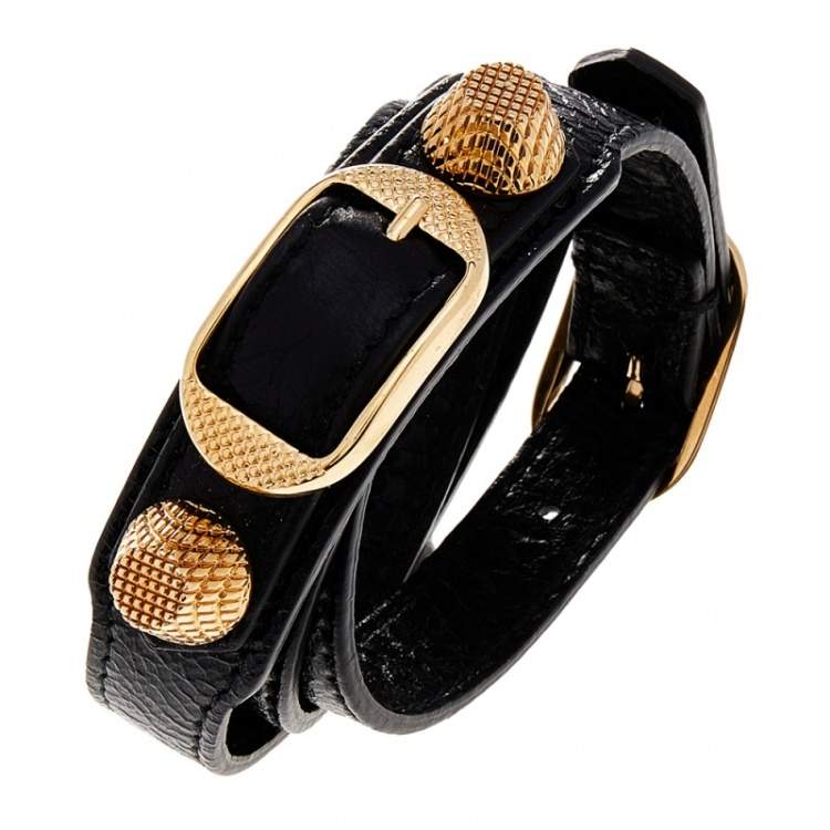 Pre Owned Balenciaga Arena Giant Black Leather Triple Tour Bracelet M