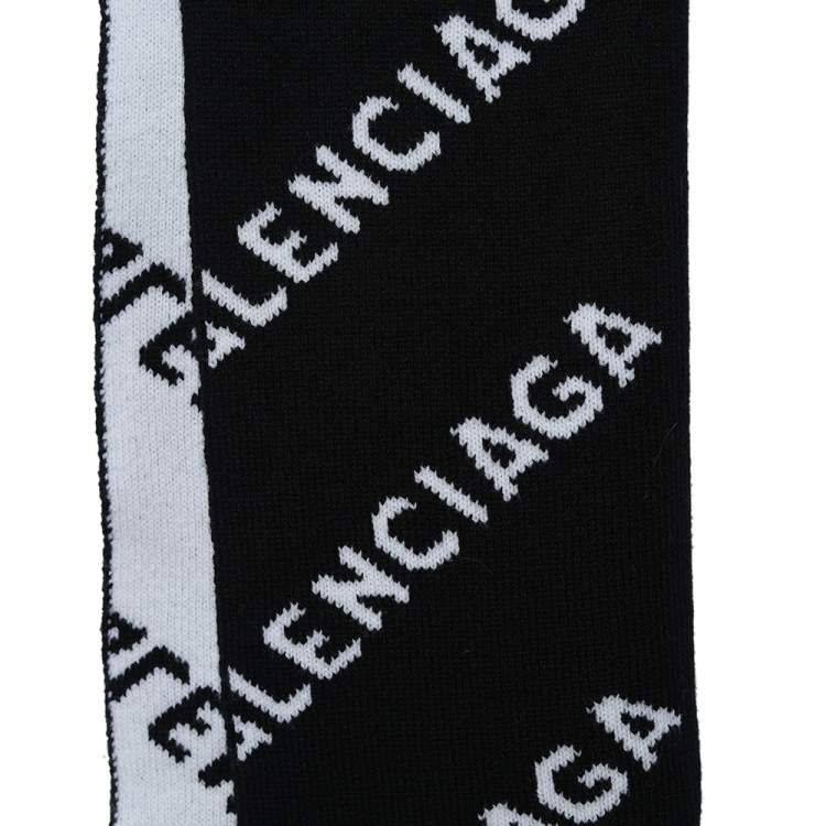 Pre Owned Balenciaga Monochrome All Over Logo Intarsia Wool Knit Stole