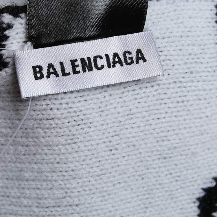 Pre Owned Balenciaga Monochrome All Over Logo Intarsia Wool Knit Stole